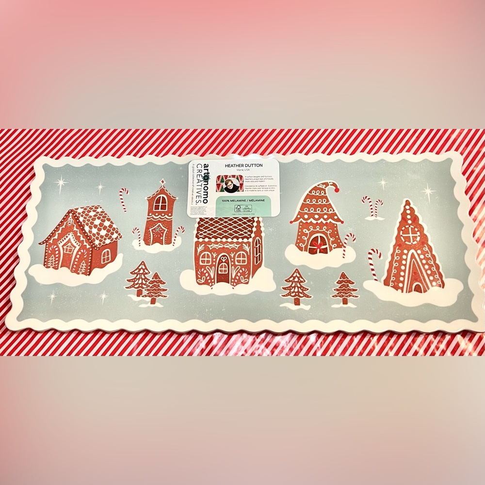 Christmas Gingerbread Village Blue Melamine Serving Tray Whimsical Holiday Party